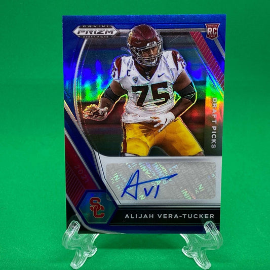 Raw Individual Card: 2021 Prizm Draft Picks Draft Picks Autographs, Blue (#/149) - Alijah Vera-Tucker Autograph (#DPA-AVT) - Hails Mary Cards